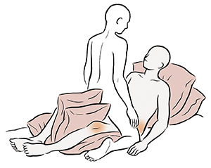 Face-to-face sex position showing figure lying back on pillows with pillows under and between knees. Another figure is straddling prone figure.